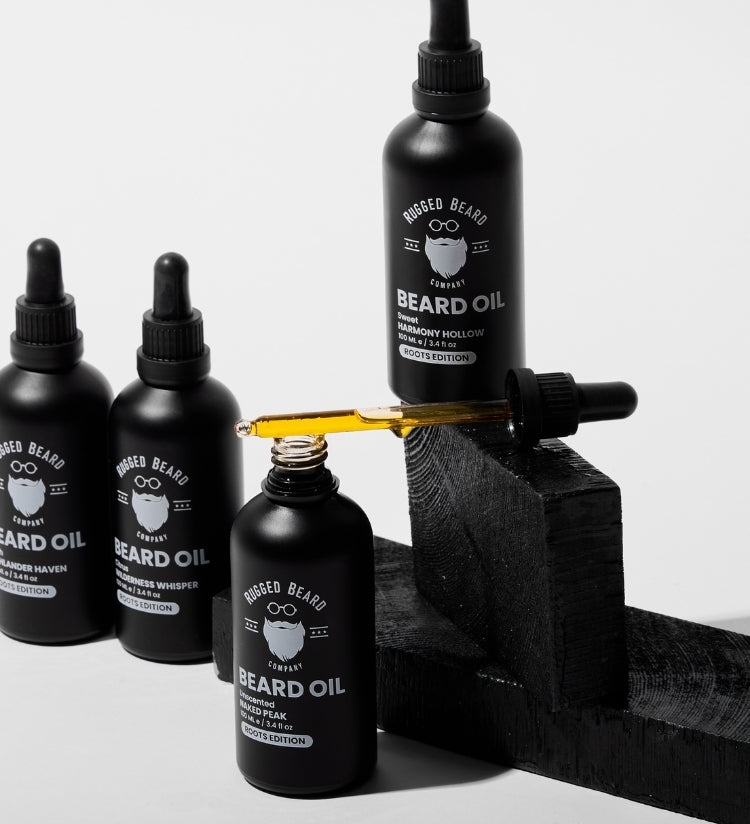 Conditioning beard oil with dropper bottles — premium beard care by Rugged Beard Co