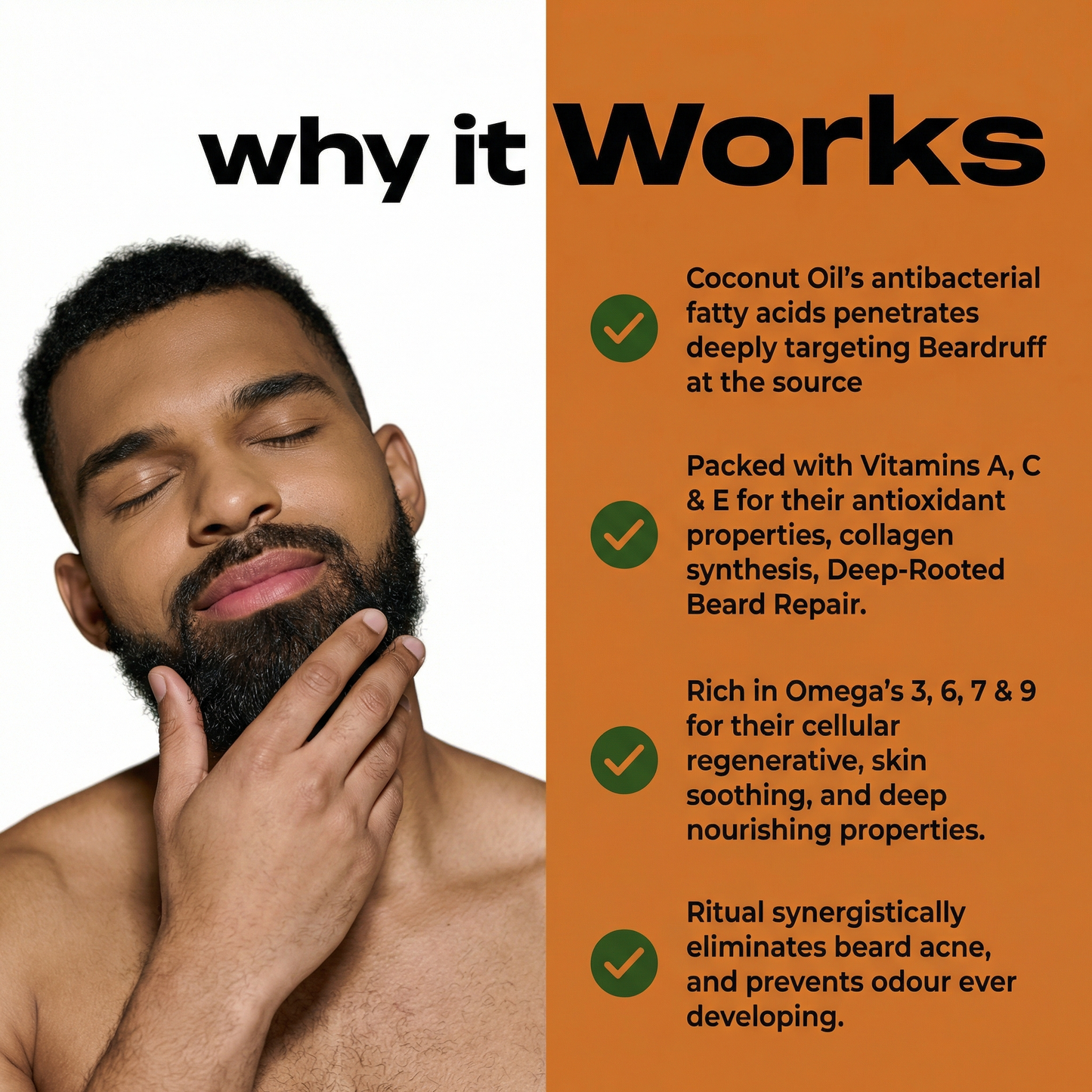Man with a beard touching his chin, with text explaining the benefits of coconut oil for beard care.